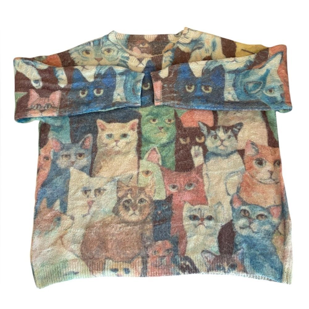 Wool Cotton Blend All Over Cat Print Sweater Colorful Pullover Womens Plus Size